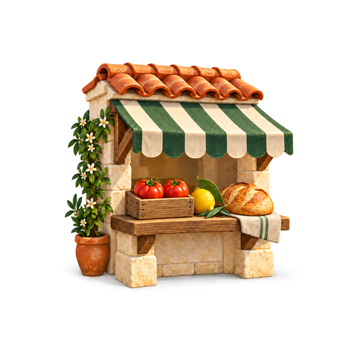 A miniature stone market stall, with a green striped awning, tomatoes, a lemon, and bread.